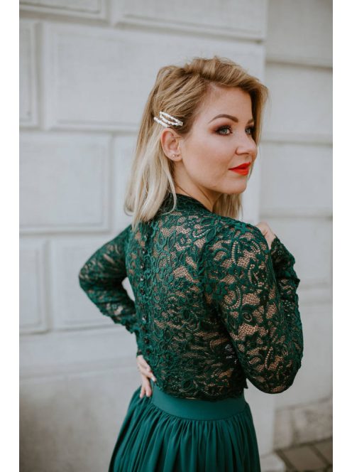 Elegáns, csipke crop top sötétzöld színben. Különleges darab.