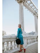 Petrol kék utcai ruha hosszú ujjakkal. Nőies és elegáns viselet.