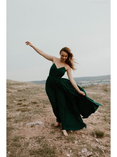 Hátnélküli maxi ruha minden alkalomra, sötétzöld színben.