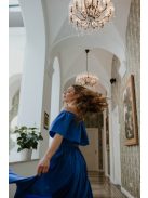 Vállrahúzható fodros tetejű muszlin maxi ruha királykék