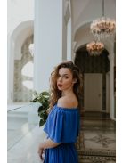 Vállrahúzható fodros tetejű muszlin maxi ruha királykék