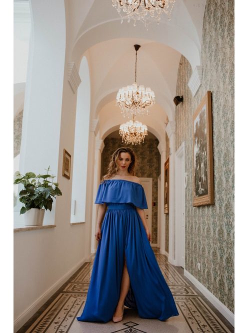 Vállrahúzható fodros tetejű muszlin maxi ruha királykék