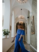 Vállrahúzható fodros tetejű muszlin maxi ruha királykék