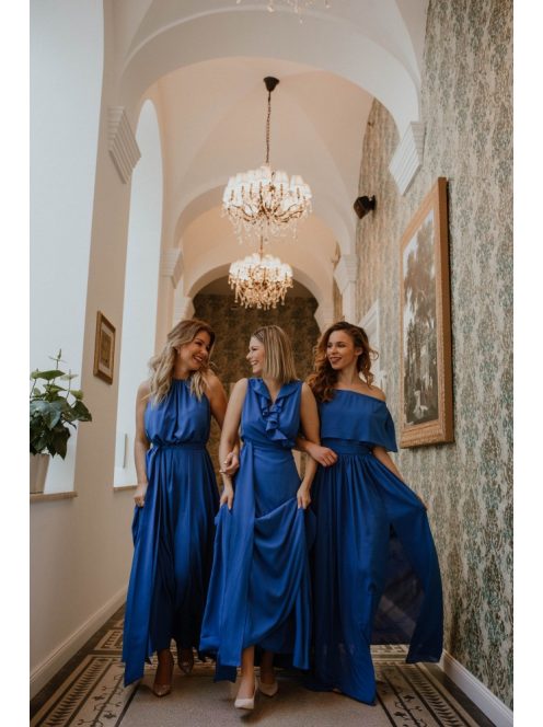 Vállrahúzható fodros tetejű muszlin maxi ruha királykék