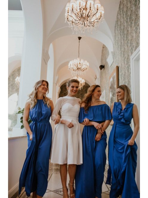 Királykék színű, vállra húzható maxi ruha, muszlin anyagból.