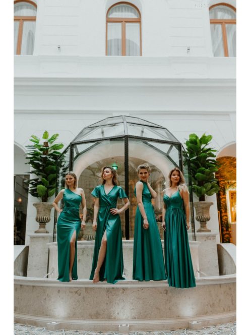 Szív kivágású, felsliccelt alkalmi ruha, méregzöld színben.