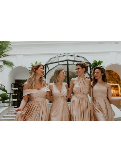 Pezsgő színű hátnélküli maxi ruha elől csavart megoldással.