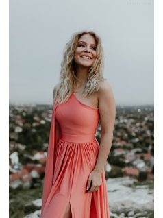 Korall színű aszimmetrikus maxi ruha 