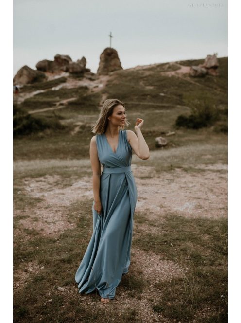 Szürkéskék maxi ruha átlapot mellrésszel. Különleges alkalmakra. 