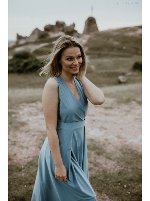 Szürkéskék maxi ruha átlapolt mellrésszel 