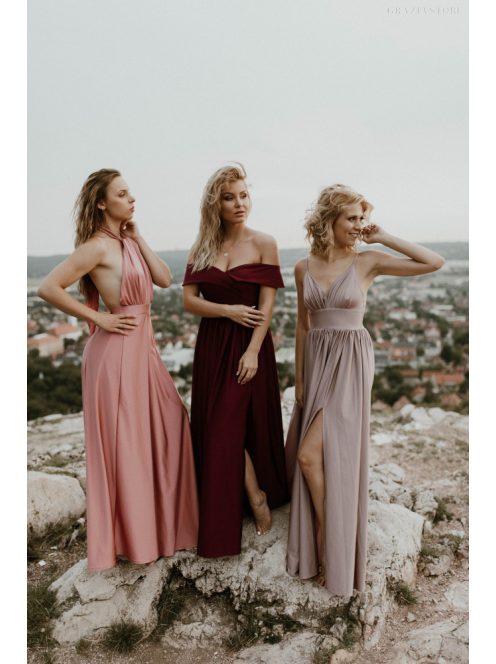 Különleges mályvaszínű maxi ruha elől csavart megoldással.