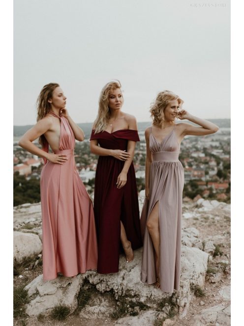 Különleges mályvaszínű maxi ruha elől csavart megoldással.