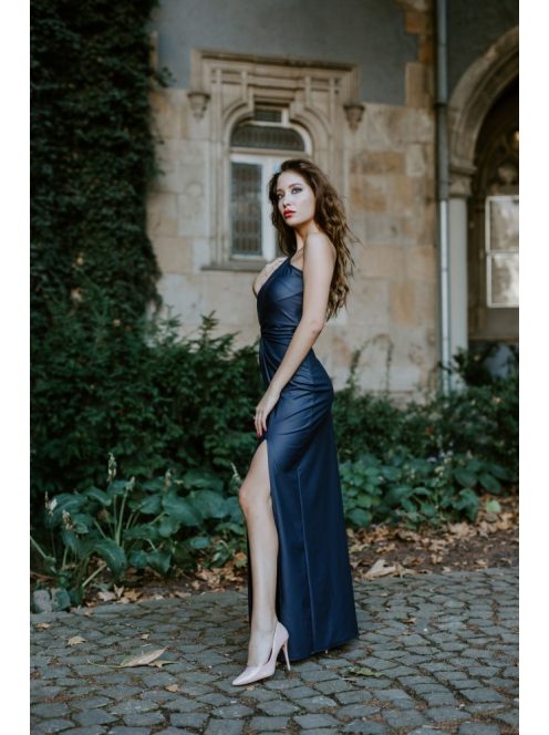 Bőrhatású csavart maxi ruha - kék