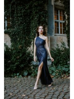 Bőrhatású csavart maxi ruha - kék