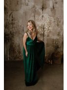 V kivágású zöld bársony ruha