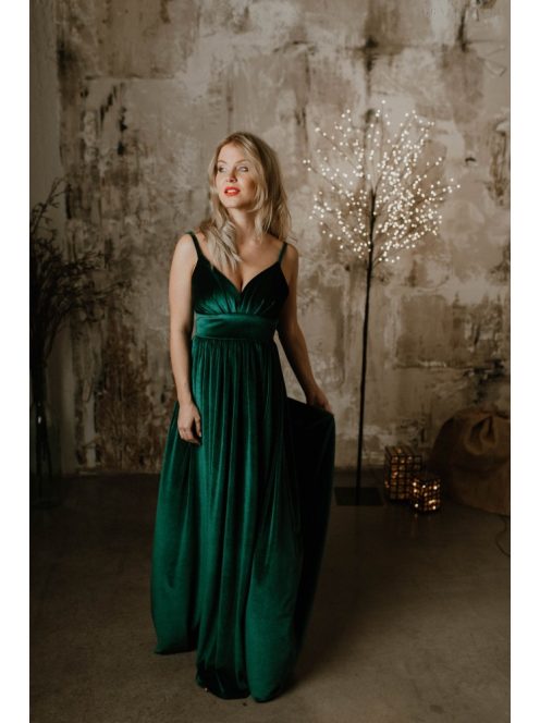 V kivágású zöld bársony ruha