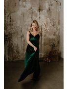 V kivágású zöld bársony ruha