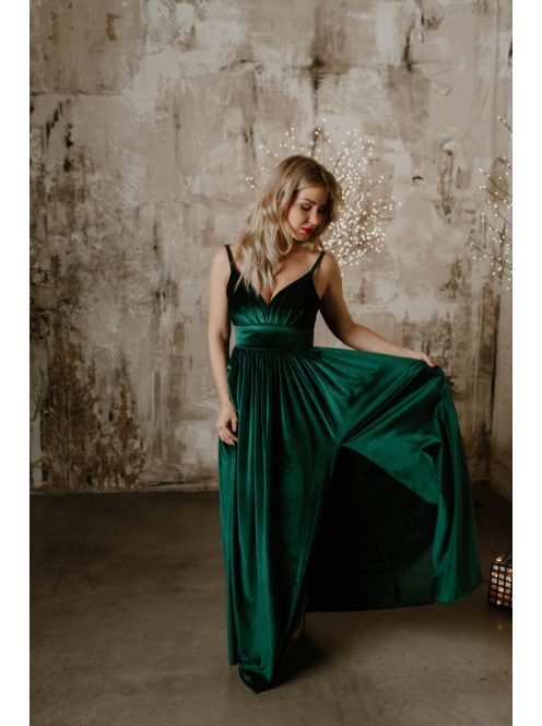 V kivágású zöld bársony ruha 