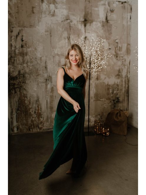 V kivágású zöld bársony ruha 