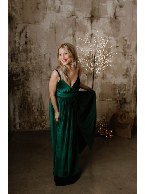 V kivágású zöld bársony ruha 