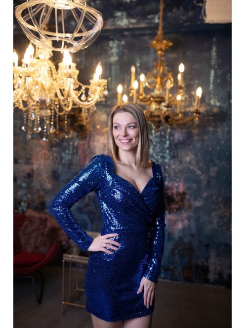 Hosszú ujjú kék mini ruha igazi flitteres, diszkó stílusba. 