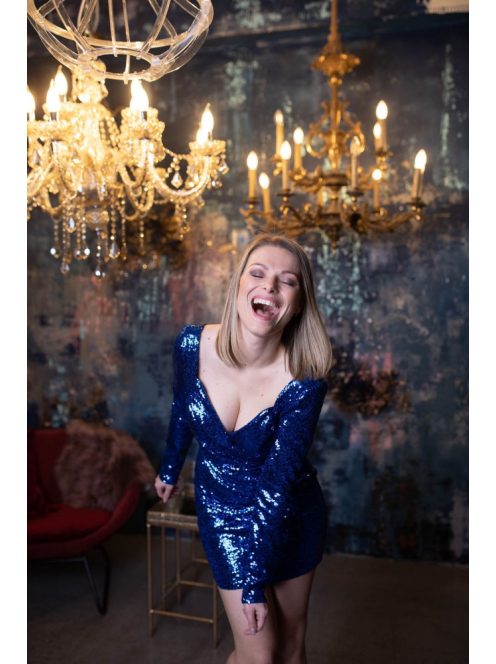 Hosszú ujjú kék mini ruha igazi flitteres, diszkó stílusba. 