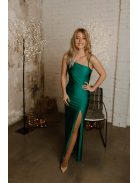 Testhezálló, zöld maxi ruha, aszimmetrikus felsőrésszel.