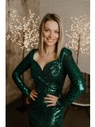 Diszkó stílusú, hosszú ujjú, sötétzöld flitteres maxi ruha.