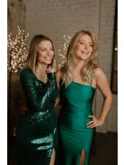 Diszkó stílusú, hosszú ujjú, sötétzöld flitteres maxi ruha.