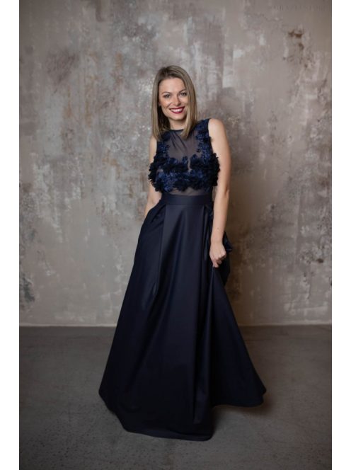 Bőrhatású sötétkék ruha 3D csipke felsőrésszel alkalmakra.