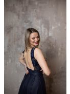 Bőrhatású sötétkék ruha 3D csipke felsőrésszel alkalmakra.