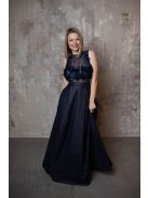 Bőrhatású sötétkék maxi ruha 3D csipke felsőrésszel