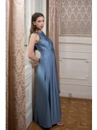 Elől-hátul csepp alakban kivágott szürkéskék alkalmi ruha. 