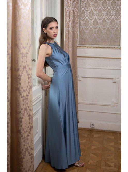 Elől-hátul csepp alakban kivágott szürkéskék alkalmi ruha. 