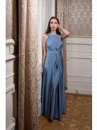 Elől-hátul csepp alakban kivágott szürkéskék alkalmi ruha. 