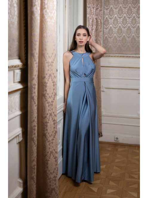Elől-hátul csepp alakban kivágott szürkéskék alkalmi ruha. 
