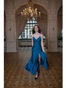 Elegáns, acélkék színű ruha V kivágású, átlapolt mellrésszel. 