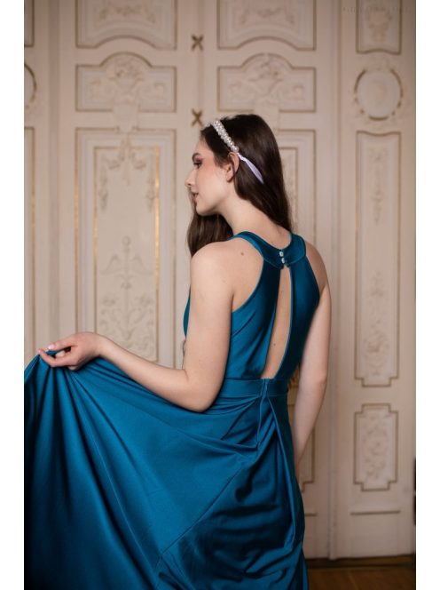 Csepp alakban kivágott maxi ruha – petrolkék