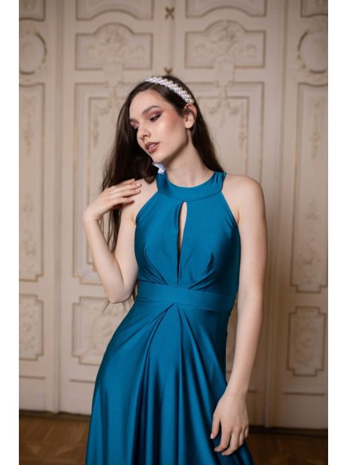 Csepp alakban kivágott maxi ruha – petrolkék