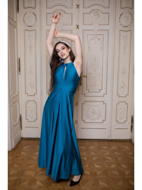 Csepp alakban kivágott maxi ruha – petrolkék