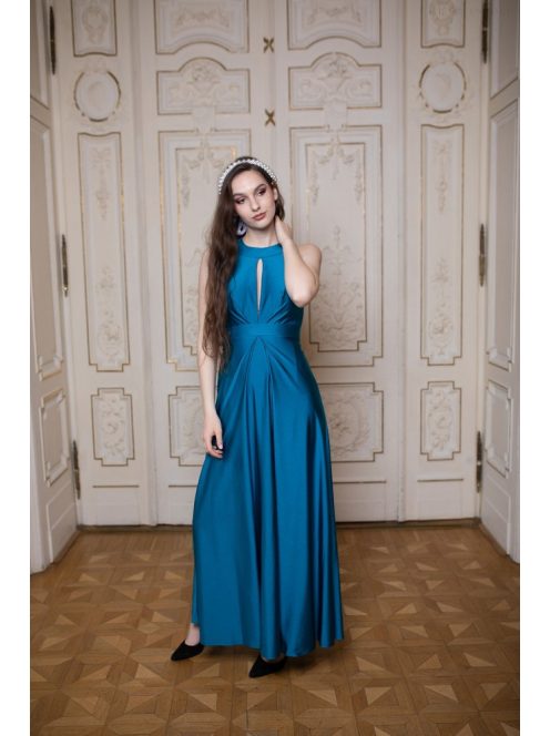 Csepp alakban kivágott maxi ruha – petrolkék