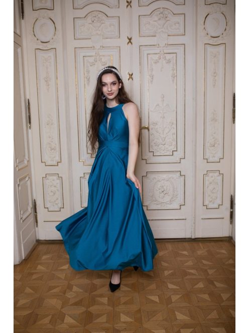 Csepp alakban kivágott maxi ruha – petrolkék