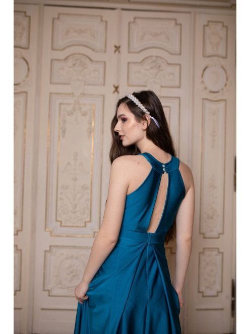 Elől-hátul csepp alakban kivágott acélkék alkalmi ruha. 