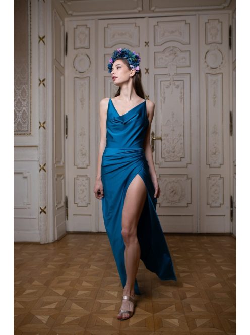 Kámzsás nyakú maxi ruha – petrolkék