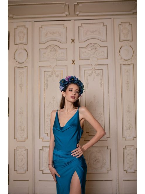 Kámzsás nyakú maxi ruha – petrolkék