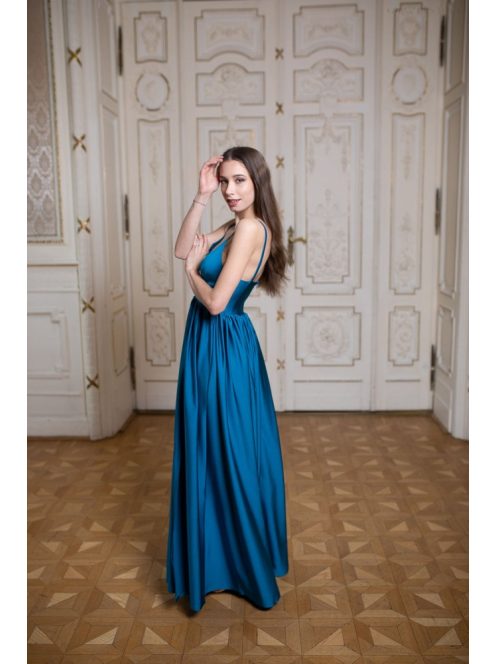 V-kivágású maxi ruha – petrolkék