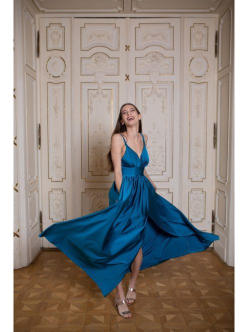 V-kivágású maxi ruha – petrolkék
