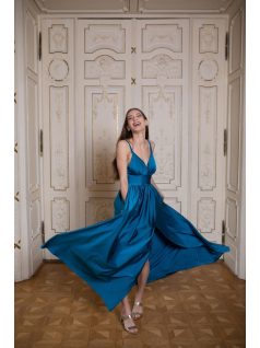 V-kivágású maxi ruha – petrolkék