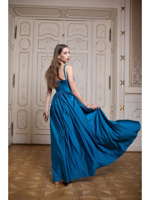 V-kivágású maxi ruha – petrolkék