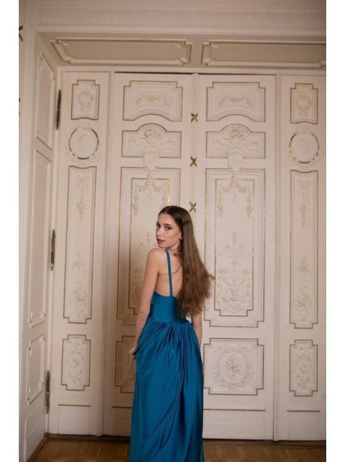 V-kivágású maxi ruha – petrolkék